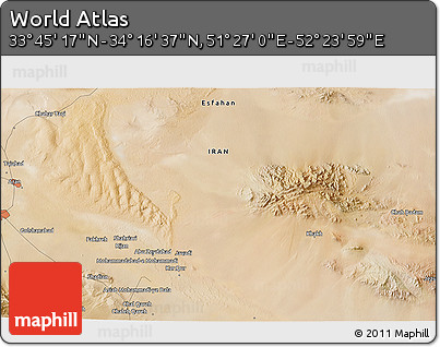 Satellite 3D Map of the Area around 34° 0' 57" N, 51° 55' 29" E