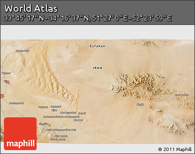 Satellite 3D Map of the Area around 34° 0' 57" N, 51° 55' 29" E
