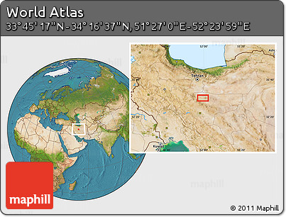 Satellite Location Map of the Area around 34° 0' 57" N, 51° 55' 29" E