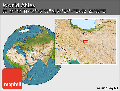 Satellite Location Map of the Area around 34° 0' 57" N, 51° 55' 29" E