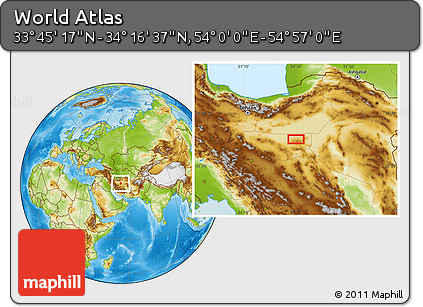 Physical Location Map of the Area around 34° 0' 57" N, 54° 28' 30" E