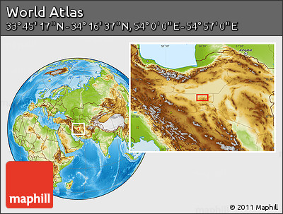 Physical Location Map of the Area around 34° 0' 57" N, 54° 28' 30" E