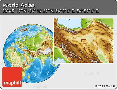 Physical Location Map of the Area around 34° 0' 57" N, 54° 28' 30" E