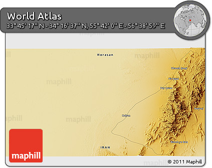 Physical 3D Map of the Area around 34° 0' 57" N, 56° 10' 29" E