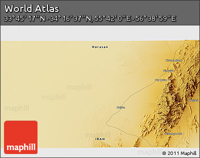 Physical 3D Map of the Area around 34° 0' 57" N, 56° 10' 29" E