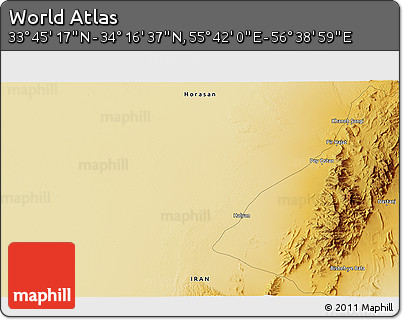 Physical 3D Map of the Area around 34° 0' 57" N, 56° 10' 29" E