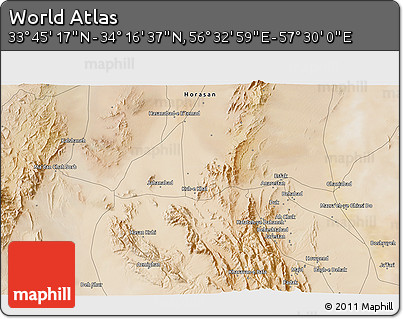 Satellite 3D Map of the Area around 34° 0' 57" N, 57° 1' 29" E