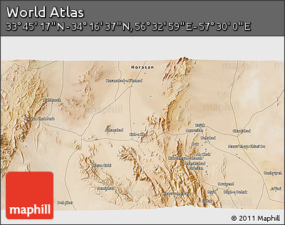 Satellite 3D Map of the Area around 34° 0' 57" N, 57° 1' 29" E