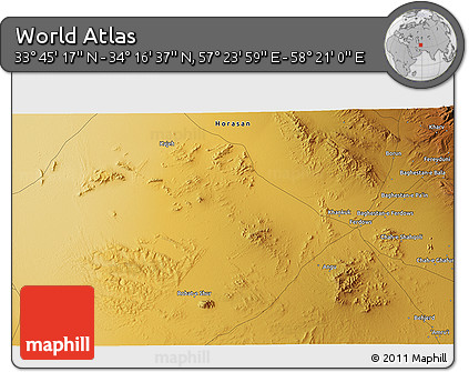Physical 3D Map of the Area around 34° 0' 57" N, 57° 52' 30" E