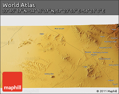 Physical 3D Map of the Area around 34° 0' 57" N, 57° 52' 30" E