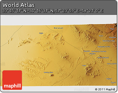Physical 3D Map of the Area around 34° 0' 57" N, 57° 52' 30" E