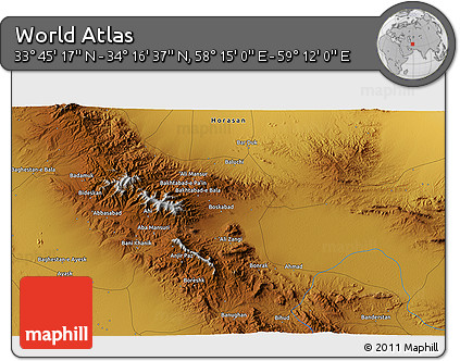 Physical 3D Map of the Area around 34° 0' 57" N, 58° 43' 30" E