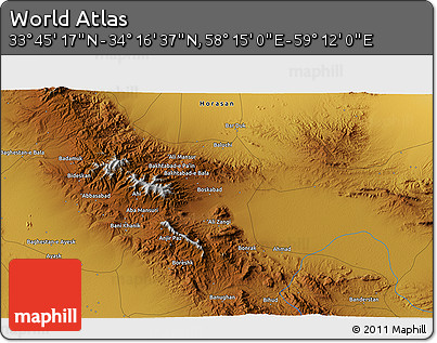 Physical 3D Map of the Area around 34° 0' 57" N, 58° 43' 30" E
