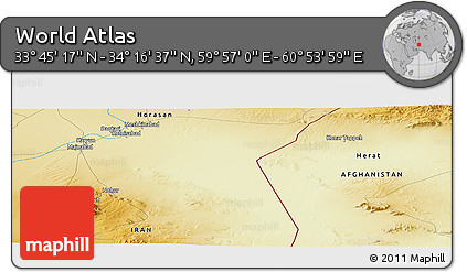 Physical Panoramic Map of the Area around 34° 0' 57" N, 60° 25' 29" E