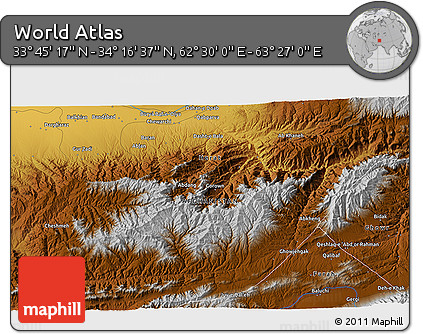 Physical 3D Map of the Area around 34° 0' 57" N, 62° 58' 30" E