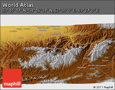 Physical 3D Map of the Area around 34° 0' 57" N, 62° 58' 30" E