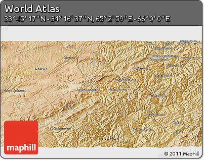 Satellite 3D Map of the Area around 34° 0' 57" N, 65° 31' 30" E