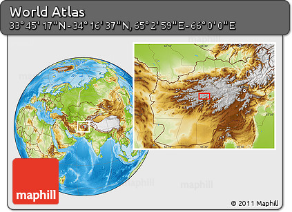 Physical Location Map of the Area around 34° 0' 57" N, 65° 31' 30" E