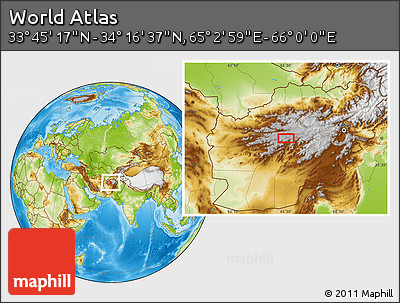Physical Location Map of the Area around 34° 0' 57" N, 65° 31' 30" E