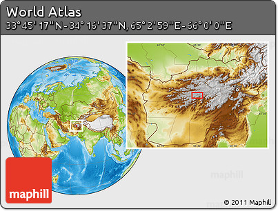Physical Location Map of the Area around 34° 0' 57" N, 65° 31' 30" E