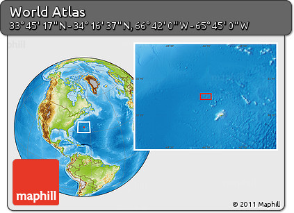 Physical Location Map of the Area around 34° 0' 57" N, 66° 13' 29" W