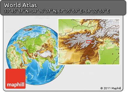Physical Location Map of the Area around 34° 0' 57" N, 68° 4' 29" E