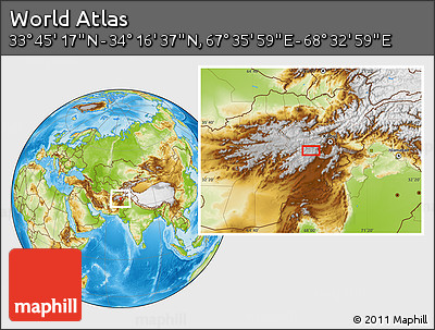 Physical Location Map of the Area around 34° 0' 57" N, 68° 4' 29" E