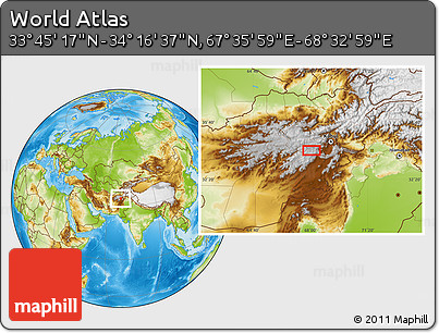 Physical Location Map of the Area around 34° 0' 57" N, 68° 4' 29" E