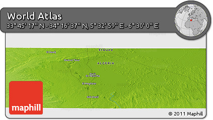 Physical Panoramic Map of the Area around 34° 0' 57" N, 6° 1' 30" E