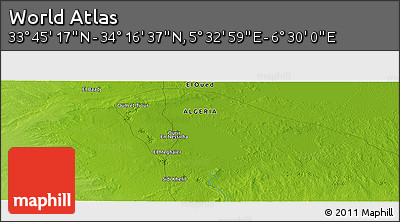 Physical Panoramic Map of the Area around 34° 0' 57" N, 6° 1' 30" E
