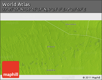 Physical 3D Map of the Area around 34° 0' 57" N, 6° 52' 30" E