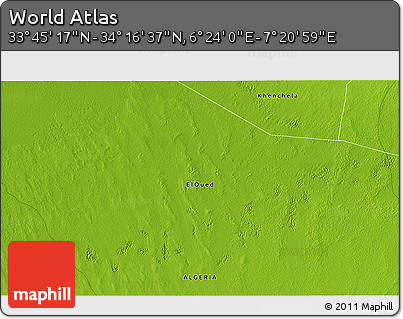 Physical 3D Map of the Area around 34° 0' 57" N, 6° 52' 30" E