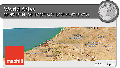 Satellite Panoramic Map of the Area around 34° 0' 57" N, 6° 43' 29" W