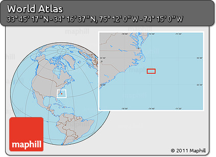 Gray Location Map of the Area around 34° 0' 57" N, 74° 43' 29" W