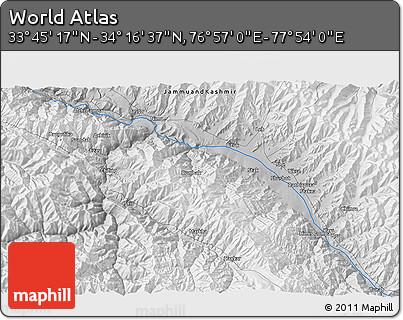 Physical 3D Map of the Area around 34° 0' 57" N, 77° 25' 30" E