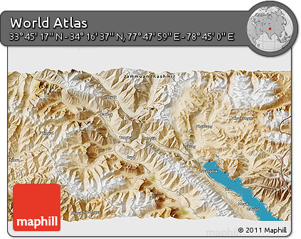 Satellite 3D Map of the Area around 34° 0' 57" N, 78° 16' 30" E