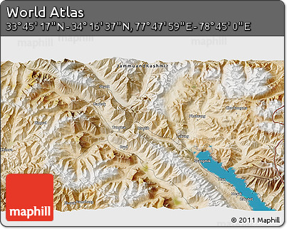 Satellite 3D Map of the Area around 34° 0' 57" N, 78° 16' 30" E