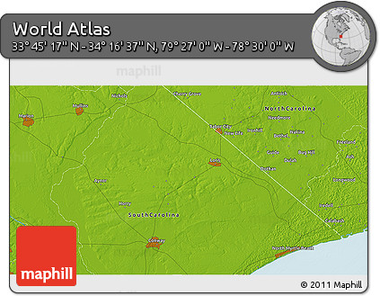 Physical 3D Map of the Area around 34° 0' 57" N, 78° 58' 29" W