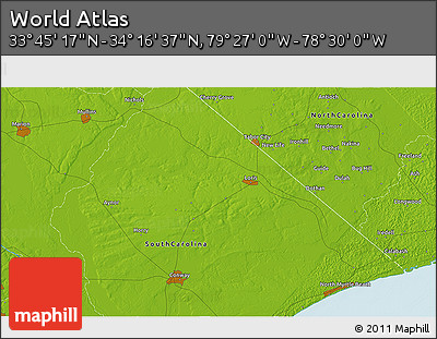 Physical 3D Map of the Area around 34° 0' 57" N, 78° 58' 29" W