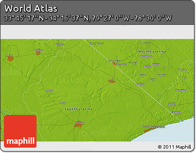 Physical 3D Map of the Area around 34° 0' 57" N, 78° 58' 29" W