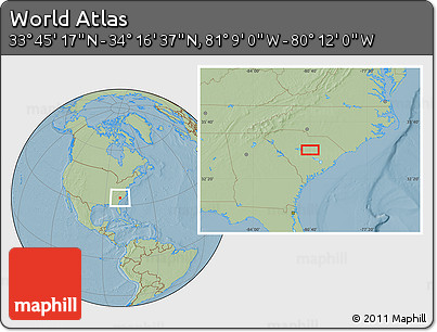 Savanna Style Location Map of the Area around 34° 0' 57" N, 80° 40' 30" W, hill shading
