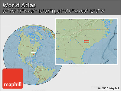 Savanna Style Location Map of the Area around 34° 0' 57" N, 80° 40' 30" W, hill shading