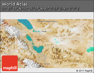 Satellite 3D Map of the Area around 34° 0' 57" N, 82° 31' 30" E