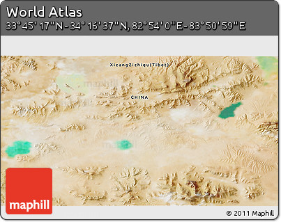Satellite 3D Map of the Area around 34° 0' 57" N, 83° 22' 30" E