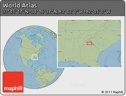 Savanna Style Location Map of the Area around 34° 0' 57" N, 83° 13' 29" W, hill shading