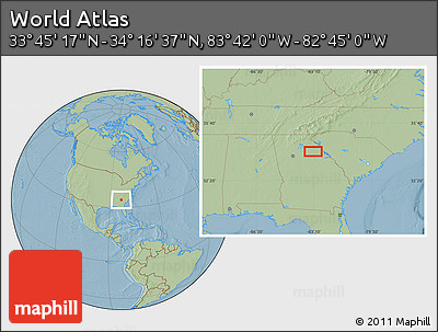 Savanna Style Location Map of the Area around 34° 0' 57" N, 83° 13' 29" W, hill shading