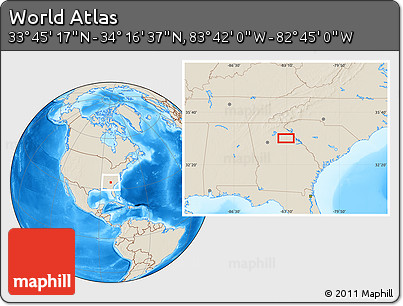 Shaded Relief Location Map of the Area around 34° 0' 57" N, 83° 13' 29" W