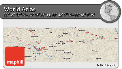 Shaded Relief Panoramic Map of the Area around 34° 0' 57" N, 83° 13' 29" W