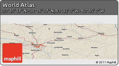 Shaded Relief Panoramic Map of the Area around 34° 0' 57" N, 83° 13' 29" W