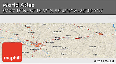 Shaded Relief Panoramic Map of the Area around 34° 0' 57" N, 83° 13' 29" W